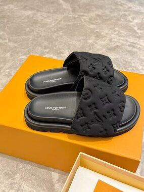 L V Velcro slippers, embossed design